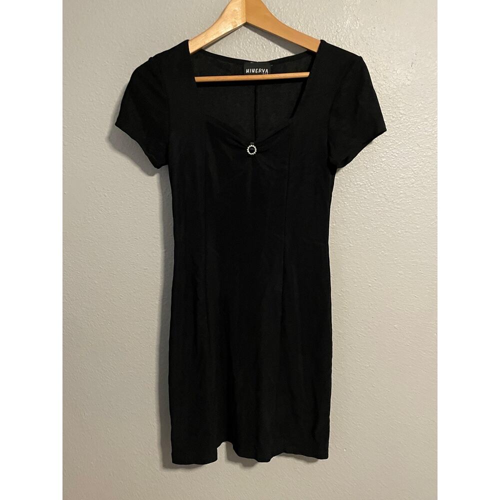 Vintage Dress Womens Small Black Slinky Short Sleeve Mini Rhinestone LBD 90s Y2K